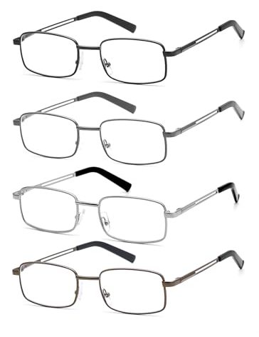 HIGHLIKE 4-Pack Reading Glasses Men, Women Metal Stainless Flex Readers with Soft Cases, Clear Lens Blue Light Glasses, Black Gunmetal Brown Silver 1.5 x