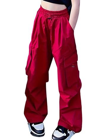Nanasait Girls Cargo Pants Elastic Waist Drawstring with Pockets Pants Red 130CM,6-14 Years