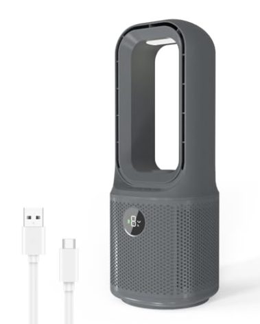 MEIIS Desk Fan Bladeless, 14 Inch USB Rechargeable Tower Fan with 9 Speed Adjustable, 3 Light, 60° Oscillating, 9H Timer, 5000mAh Battery Cooling Small Table Fan for Bedroom, Office, Nightstand, Grey