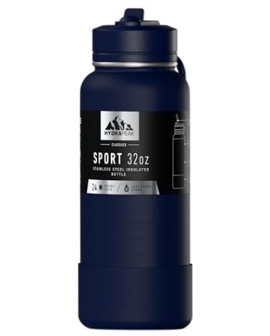 Hydrapeak 32oz Sport Insulated Water Bottle with straw lid, Leak & Spill Proof, Keeps Drinks Cold for 24 Hours, Hot for 12 Hours, Premium Stainless Steel Water Bottles (32oz, Navy)