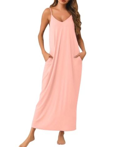 Marvmys Women's Cotton Long nightgown Spaghetti Strap V-Neck Lounge Dress Sleeveless Sleep Night Gown with Pockets Light Pink