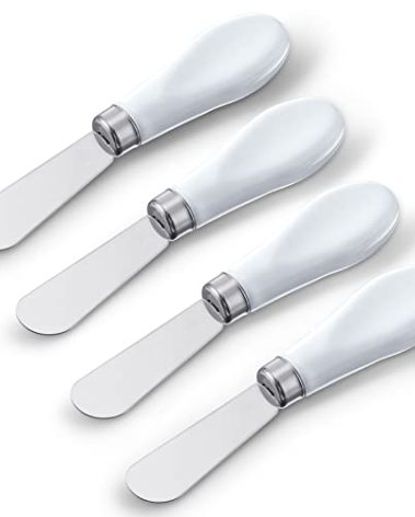 Mixweer 4 Pcs Butter Knife Stainless Steel Butter Spreader Knife with White Porcelain Handle Wide Blade Cheese Spreader for Kitchen Use, 5.1 Inch