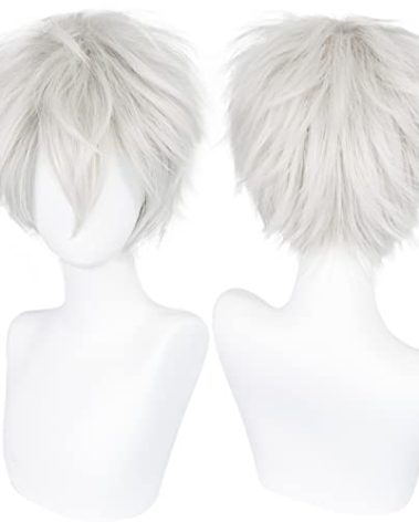 ANOGOL Hair Cap+ Short White Wig for Men Silver White Men's Cosplay Wig Short Silver Mixed White Anime Wigs with Bangs Ivory Hair Straight Fluffy Silvery Halloween Wigs Christmas Party Costume