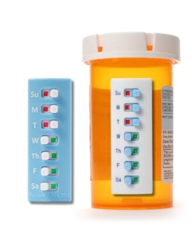 Take‑n‑Slide Peel and Stick Reusable for 12 + Refills, Pill/Medication/Vitamin/Pet Med Tracker & Reminder, Attach to Your Bottle, Organizer-Free, Curved‑Back, White & Blue (2-Pack, 1 Each)