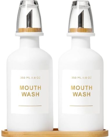 BONLONG 11.8OZ Mouthwash Dispenser for Bathroom with Bamboo & Stainless Steel Pour Spout, Mouthwash Cups Reusable, Bamboo Tray, and Elegant Gold Label. Set of 2（White