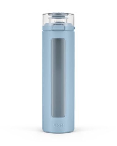 Ello Syndicate 20oz Reusable Glass Water Bottle with One-Touch Leak Proof Flip Lid, Protective Non-Slip Silicone Sleeve, Carry Loop for Coffee, Tea and Water, BPA-free, Dishwasher Safe, Tech Blue
