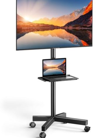 PERLESMITH Rolling TV Stand on Wheels for 23-60 Inch Flat Curved Screen TVs, Mobile TV Cart Height - Adjustable with Shelf/Tray, Portable TV Stand Holds up to 55 lbs, Max VESA 400x400mm, PSTVMC04