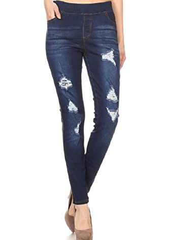 Women's Stretch Pull-On Skinny Ripped Distressed Denim Jeggings Regular-Plus Size (XXX-Large, Dark Denim)