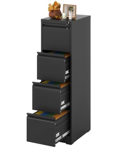 Yukimo 4 Drawer File Cabinet with Lock, Vertical Filing Cabinets for Home Office, Locking File Cabinet Hanging Files for A4/ Legal/Letter, Require Assembly, Black