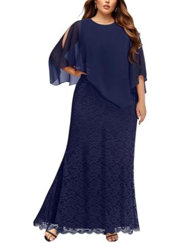 Plus Size Mother Bride Women Navy Blue Lace Long Cape Formal Wedding Guest Evening Gowns Bridesmaid Mermaid Prom Dress
