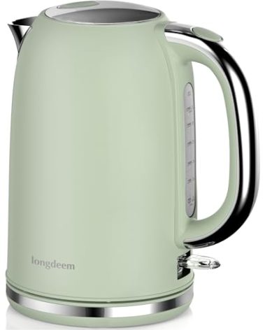 LONGDEEM Electric Tea Kettle for Boiling Water, Wide Open Lid Stainless Steel Water Boiler, 1500W/1.7L for Coffee/Tea Brewing, Auto Shut Off & Boil Dry Protection, LED Indicator, Light Green