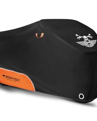 ROWYEET Motorcycle Cover Waterproof Outdoor Storage with Lock-Holes, Storage Bag & Night Reflective Design, All Season Protection Powersports Vehicle Covers Fits up to 116" Motorcycles