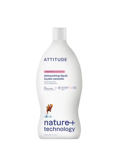 ATTITUDE Dish Soap, EWG Verified, Plant-Based & Vegan Dishwashing Liquid, Naturally Derived, Unscented, 23.7 Fl Oz