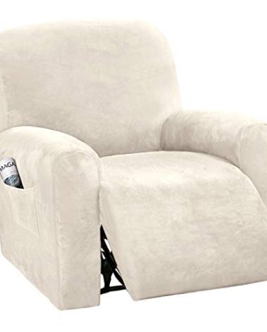 H.VERSAILTEX Velvet Stretch Recliner Couch Covers 4-Pieces Style Recliner Chair Covers Recliner Cover for Reclining Chair Slipcovers Feature Non Slip Form Fitted Thick Soft Washable, Ivory