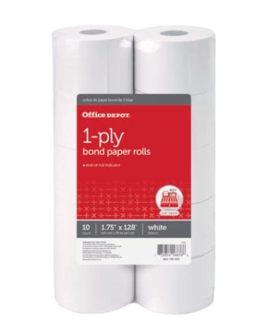 Office Depot 1-Ply Paper Rolls, 1 3/4in. x 128ft., White, Pack Of 10, 109044