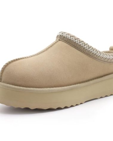 KIDMI Genuine Suede Platform Slippers for Women Fuzzy Winter Warm Shoes Indoor Outdoor, Sand 39