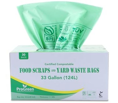 ProGreen Compostable Bags 33 Gallon, Extra Extra Thick 1.1 Mil, 30 Count, Extra Large Lawn And Leaf Trash Bags ASTM D6400 BPI, VINCOTTE and TÜV AUSTRIA Certified (30)
