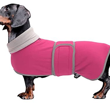 Dachshund Coats Sausage Dog Fleece Coat in Winter Miniature Dachshund Clothes with Hook and Loop Closure and high vis Reflective Trim Safety - Pink - S