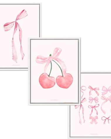 LARKINROAD 3 Pink Bow and Cherry Decor Posters, Wall Art - 12 x 16 Unframed - Preppy Dorm, Room Decor Aesthetic, Coquette Pink Decor - Eco-Friendly, Made in USA