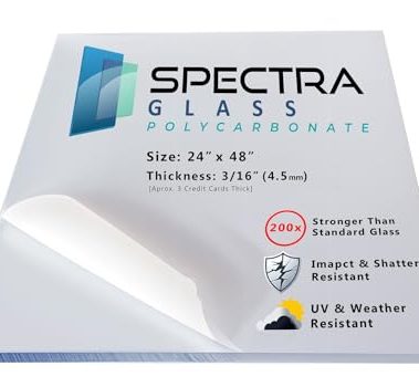 Spectra Glass Clear Polycarbonate Plastic Sheet. Stronger Than Plexiglass Sheets. UV, Impact, Weather Resistant. Sizes Nominal Cut Within +-1/8". Made in USA. 24" x 48" (3/16" Thick)