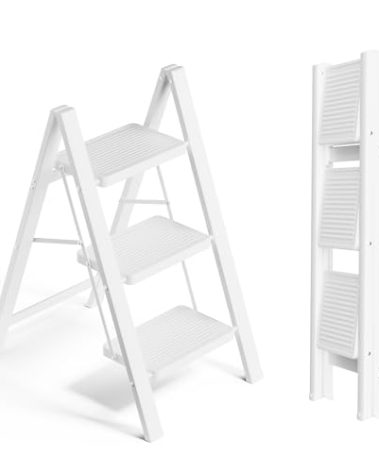 SOLADDER Step Ladder 3 Step Folding, Small Step Stool for Adults, Portable Anti-Slip Iron Stepladder with Wide Pedals for Home and Kitchen Use, Space Saving - White (300 lbs)
