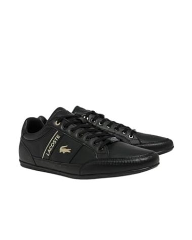 Lacoste Men's Chaymon Sneaker, Black/Black/Gold Leather, 11.5