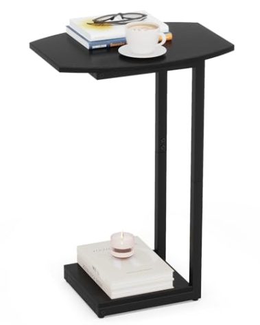 Hosfais Small Side Table End Table, C Shaped Barrel Coffee Table with Metal Frame, Wooden TV Tray for Living Room, Bedroom, Couch, Small Spaces (Black)