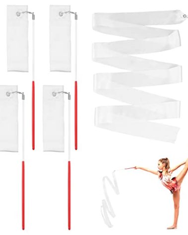 Grevosea 4Pcs Dance Ribbon, White Rhythmic Gymnastics Ribbon Dance Ribbons for Adults Kids Praise Dancing Streamers with Sticks for Baton Twirling Talent Shows Artistic Dancing
