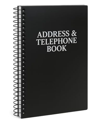 Iconikal Address Telephone Book, 8x5-Inch, Black, Spiral-Bound, 384 Contacts, Organizer for Organizing Names, Addresses, Email, Cell Phone Numbers