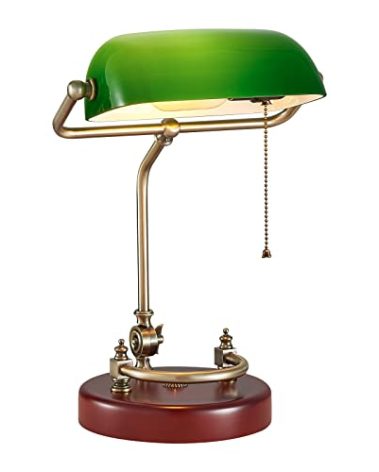Bankers Lamp, Traditional Green Desk Lamp with Solid Birch Wood Base, Green Glass Antique Library Lamp with Pull Chain Switch, Plug in Vintage Bankers Desk Lamp for Office, Study Room 【E26 Socket】