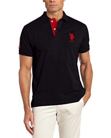 U.S. Polo Assn. Men's Short-Sleeve Polo Shirt with Applique, Casual Summer Slim Fit Polo Shirt with Contrast Color, Black, Large