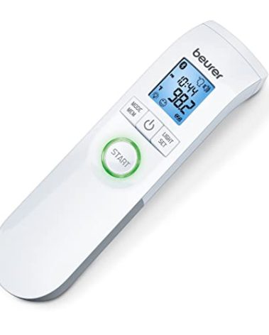 Beurer Bluetooth Non-Contact Thermometer, Forehead, Object, Room Temperature, High Accuracy, XL Blue Illuminated Display, 60 Memory Spaces, White,1 Count (Pack of 1),FT95