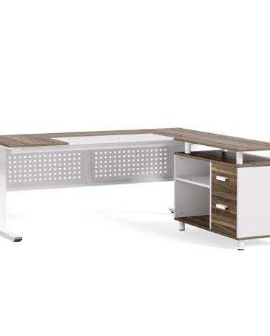 LITTLE TREE Large Computer Desk with File Cabinet, 63 Inch Executive Desk L Shaped Office Desk with Drawers and Storage Shelves, Business Furniture Desk Workstation for Home Office