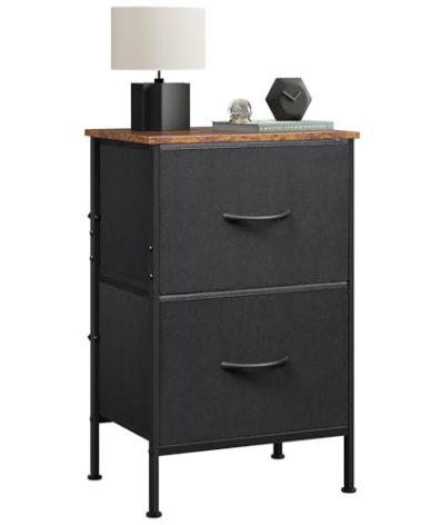 WLIVE Nightstand, Nightstand with 2 Drawers, Bedside Furniture, Night Stand, Small Dresser for Bedroom, College Dorm, End Table with Fabric Bins, Dormitory, Black and Rustic Brown, Size L