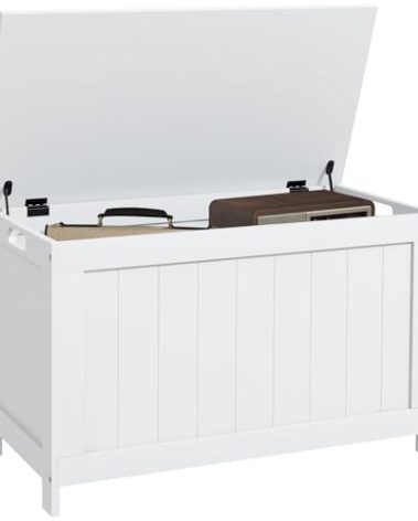HOMCOM Storage Bench, Storage Chest with 2 Safety Hinges and Cut-Out Handles, Modern Wooden Trunk for Living Room, Entryway, 29.9" x 15.7" x 18.9", White