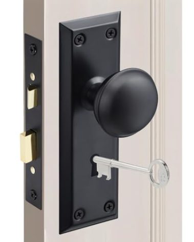 MaxxGeek Mortise Keyed Lock Set with Classic Knobs, Antique Door Knob, Vintage Mortise Keyed Lock Set, Fits 1-3/8"- 1-3/4" Interior Doors, Matte Black Finish, 1 Pack