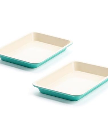GreenLife 13" x 9" Quarter Sheet Baking Pans, 2 Piece Bakeware Set, PFAS-Free Ceramic Nonstick Rectangular Cookie Trays, Oven Safe to 450°F, Even Heating, Easy Clean Ovenware, Turquoise
