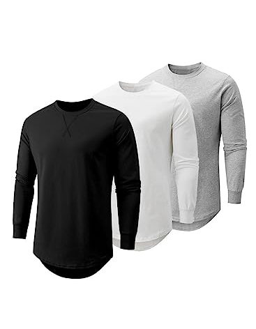JMIERR Men's 3 Pack Cotton Hipster Hip Hop Longline Crewneck Long Sleeve T-Shirt, T Shirts for Men Pack, US 43(L), Black/White/Light Grey