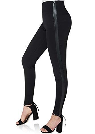 Asoran Women's Dress Pants Black Tuxedo Work Pants Stretch Skinny Slacks with Leather Stripe for Casual Business Office