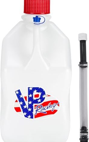 VP Racing 5.5 Gal. Square Patriotic Motorsport Container w/ 14 Inch Deluxe Filler Hose Close-Trimmed Cap and Neck for Tighter Seal