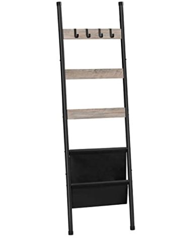 HOOBRO Blanket Ladder, 5 Tier Towel Rack, 17.3" L x 63" H, Wall-Leaning Blanket Rack for Living Room, Decorative Ladder with 4 Hooks and Magazine Pocket, Greige BG32CJ01