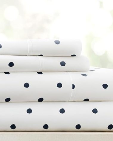 Linen Market 4 Piece Queen Sheet Set - Breathable, Double-Brushed Patterned Cooling Sheets – Oeko-TEX Certified Ultra Soft & Wrinkle-Free 16" Deep-Pocket Queen Sheets - Easy Care Dots Navy