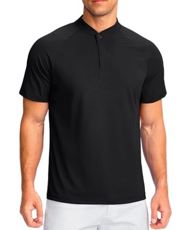 Viodia Mens Golf Shirts Henley Collarless Quick Dry Summer Shirt Casual Short Sleeve Moisture Wicking Polo T Shirts Black XL