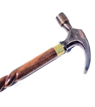 Antique Wooden Walking Cane Stick with Unique Brass Hammer Head Handle, Versatile Rugged Style Support