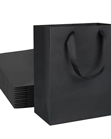 QIELSER 24 Medium Size Kraft Gift Bags - 8x4.75x10 Inches, Black Paper Shopping Bags with Ribbon Handles for Parties, Weddings and More