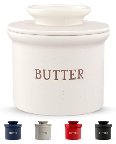 Kook Butter Keeper Dish, French Ceramic Crock For Counter With Lid, Embossed Container, For Soft Butter, Perfect for Chrismas Gift, Home and Kitchen Decor, (Matte Oatmeal)