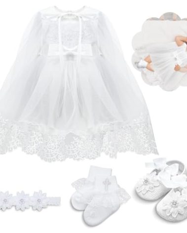 Cutecrop 5 Pcs Baptism Outfit for Baby Girls Christening Outfit Socks Shoes First Communion for Infant Toddler, 0-6month(Cute)