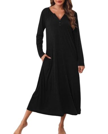 Marvmys Women Long Sleeve Nightgowns Soft Cotton Sleep Shirts Long Nightshirts with Pockets Black