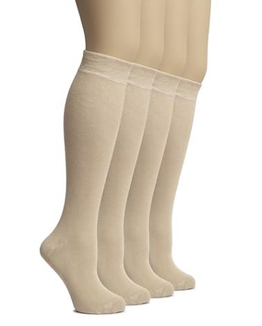 Hugh Ugoli Women's Rayon Knee High Socks | Comfort Seam Long Dress Socks, Soft & Lightweight | 4 Pairs, Light Beige/Tan, Shoe Size: 5-8