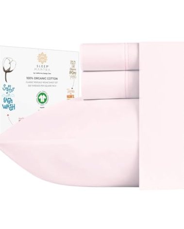 Sleep Mantra Premium 100% Organic Cotton Bed Sheet Set - Soft & Cooling Percale Weave - 4 Piece Bedding Set with Deep Pocket - GOTS Certified - Breathable & Eco-Friendly (Cal King, Blush Pink)